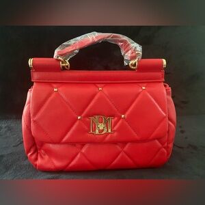 Badgley Mischka Red Quilted Satchel with Gold Accents